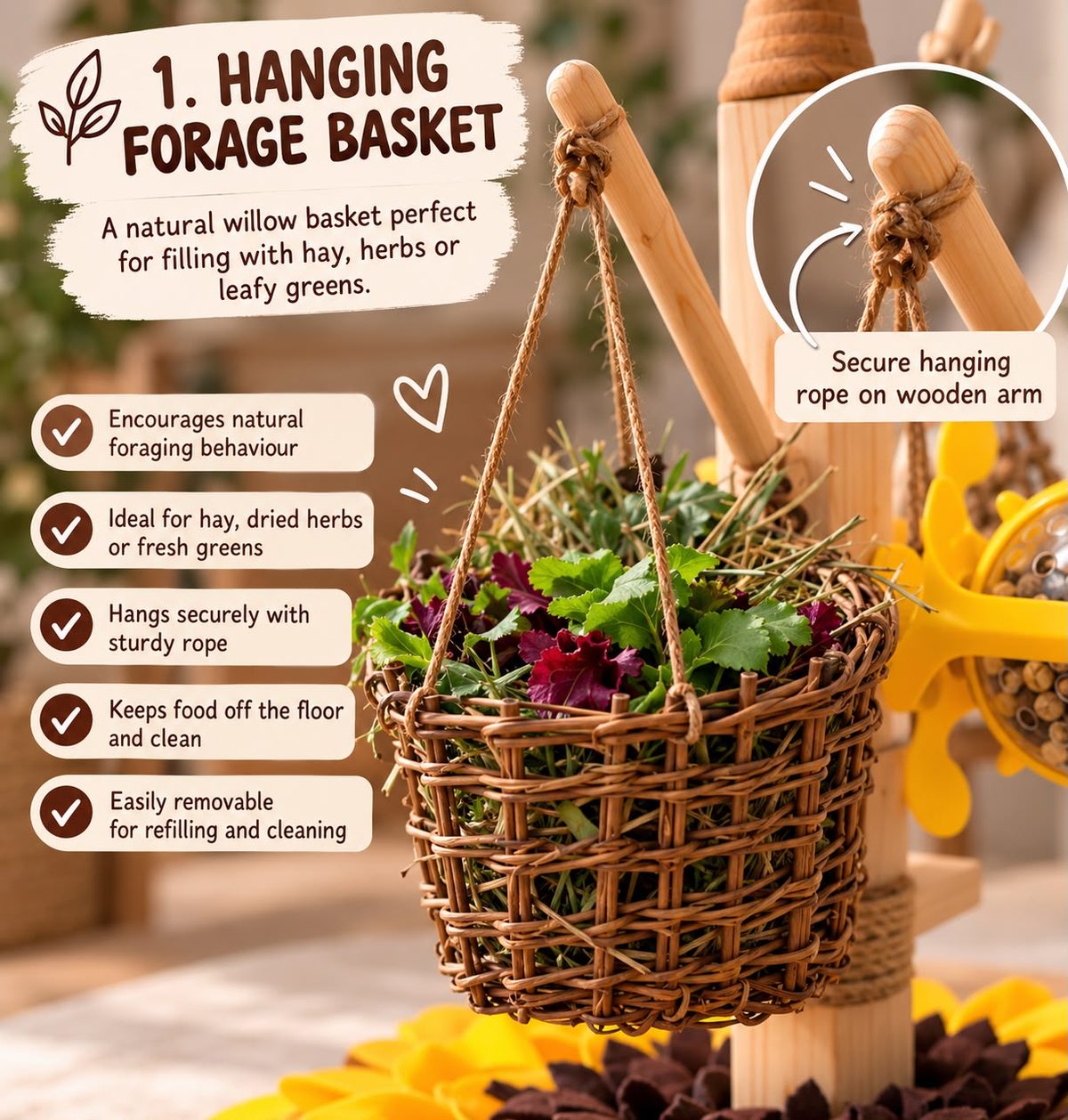 1. Hanging Forage Basket — a natural willow basket perfect for filling with hay, herbs or leafy greens